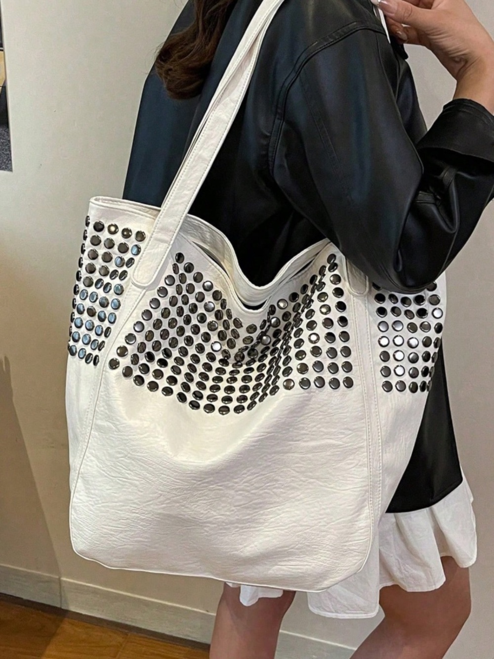 Western Studded Vegan Leather Double Handle Large Shoulder Tote Bag